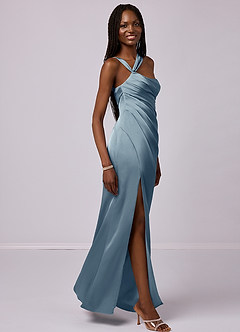 Barbie ♥ Azazie Bridesmaid Dresses Dusty Blue Mermaid One Shoulder Stretch Satin Dress image5