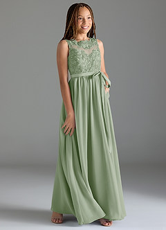 Azazie Elly Junior Abito A-Line in Chiffon Pizzo Verde Salvia image4