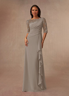Azazie Dionysus Mother of the Bride Dresses Taupe A-Line Boatneck Lace Chiffon Dress image1