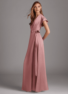 Azazie Nico Robes de demoiselle d'honneur Robe Trapèze en Satin extensible Col en V Rose Poussiéreuse image2