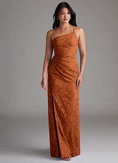 Azazie Eren Bridesmaid Dresses Burnt Orange Sheath One Shoulder Floral Burnout Dress image4
