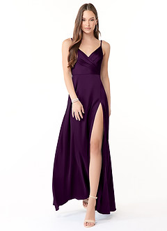 Azazie Dalilah Brautjungfernkleider A-Linie V-Hals Gefaltet Stretch-Satin Kleid Traube image1