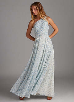 Azazie Charlize Bridesmaid Dresses Blue And White Ditsy Floral A-Line One Shoulder Chiffon Dress image3