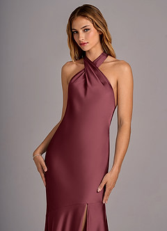 Azazie Lorena Vestidos de damas de honor Vestido de Merlot de Satén Elástico de Corte Sirena con Plisado image6