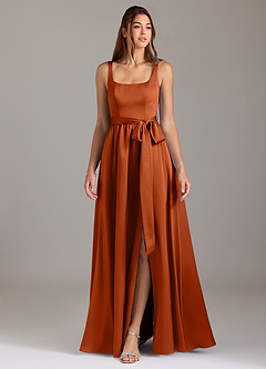 Azazie Elliott Bridesmaid Dresses Burnt Orange A-Line with Pockets Stretch Satin Dress image3