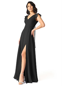 Azazie Claudine Bridesmaid Dresses Black A-Line Flutter Sleeve Chiffon Dress image3
