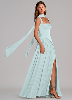 Azazie Stephanie Vestidos de damas de honor Vestido de Vidrio Marino de Satén Elástico de Corte en A con Plisado image3