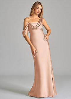 Azazie Celina Bridesmaid Dresses Rose Gold Sheath Off the Shoulder Stretch Satin Dress image1