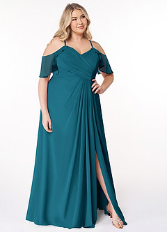 Azazie Dakota Robes de demoiselle d'honneur Robe Trapèze en Mousseline de soie Col V plissé Bleu Encre image9