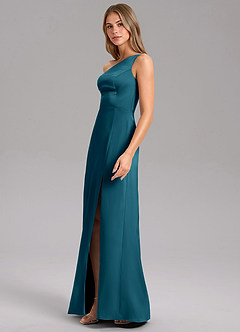 Azazie Feby Bridesmaid Dresses Ink Blue A-Line One Shoulder Stretch Satin Dress image4
