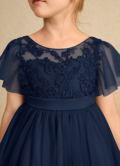 Azazie Queenie Robe Demoiselle D'honneur Fillette Robe Trapèze en Dentelle Bleu Marine Foncé image4