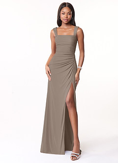 Azazie Jesaphine Brautjungfernkleider Etui Gerafft Gittergewebe Kleid Taupe image5