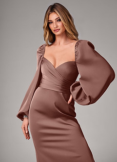 Azazie Sonata Bridesmaid Dresses Espresso Sheath Long Sleeve Stretch Satin Convertible Dress image6