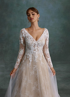 Azazie Leila Wedding Dresses Diamond White Nude A-Line V-Neck Sequins Tulle Dress image5