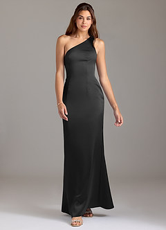 Azazie Arleth Bridesmaid Dresses Black A-Line One Shoulder Stretch Satin Dress image3
