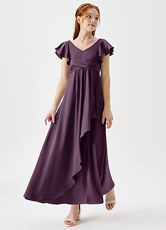 Azazie Omari Junior Plum A-Line Pleated Stretch Satin Dress image1