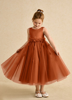 Azazie Lux vestidos de niña de las flores Vestido de Naranja Quemada de Tul de Corte En A con Perla image3