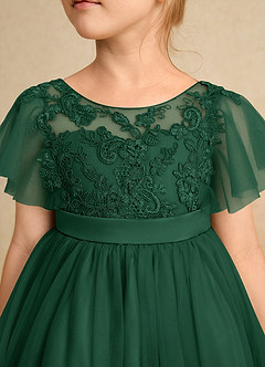 Azazie Queenie Robe Demoiselle D'honneur Fillette Robe Trapèze en Dentelle Vert Foncé image4