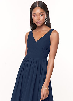 Azazie Keyla Bridesmaid Dresses Dark Navy A-Line V-Neck Pleated Chiffon Dress image5