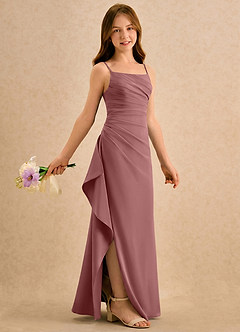 Azazie Cannoli Girls Formal Robe Demoiselle D'honneur Fillette Robe Trapèze en Mousseline de soie Plissée Rose Du Désert image1