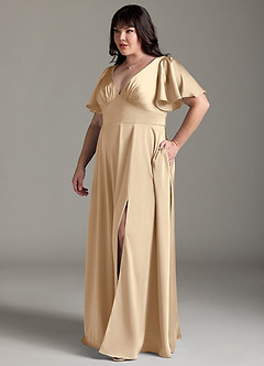 Azazie Kimber Brudtärnklänningar Klänning av A-Line i Stretch Satin Ruched Champagne image10