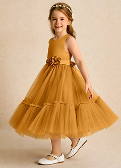 Azazie Miracle Blumenmädchenkleider A-Linie Schleifen Matte Satin Kleid Butterscotch image3