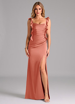 Azazie Jessamine Bridesmaid Dresses Salmon Pink Sheath Corset Stretch Satin Dress image3