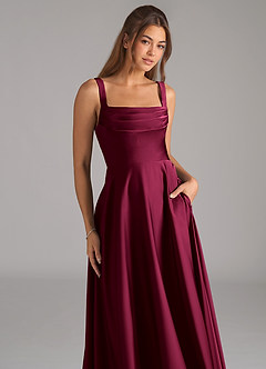Azazie Shaude Bridesmaid Dresses Burgundy A-Line Pleated Stretch Satin Dress image2
