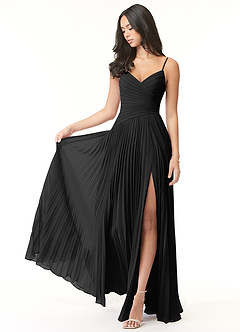 Azazie Vini Bridesmaid Dresses Black A-Line V-Neck Pleated Chiffon Dress image1