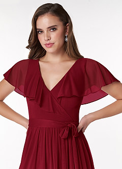 Azazie Jael Bridesmaid Dresses Burgundy A-Line V-Neck Mesh Dress image5