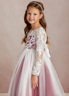 Azazie Elodie Flower Girl Dresses Ivory Burgundy Ball-Gown Lace Dress image6