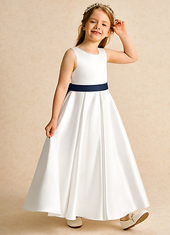 Azazie Cherry Flower Girl Dresses Ivory Dark Navy Ball-Gown Pleated Matte Satin Dress image5
