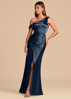 Azazie Madelyn Vestidos de damas de honor Vestido de Azul Marino Oscuro de Satén Metálico de Corte Sirena Convertible con Vestidos sin tirantes image3