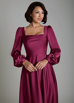 Azazie Solana Bridesmaid Dresses Red Plum A-Line Long Sleeve Stretch Satin Dress image3