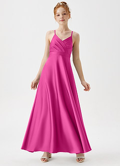 Azazie Avelina Junior Abito A-Line in Raso Elasticizzato Plissettato Fucsia image1