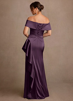 Azazie Kirsty Mother of the Bride Dresses Plum Sheath Off the Shoulder Stretch Satin Dress image2