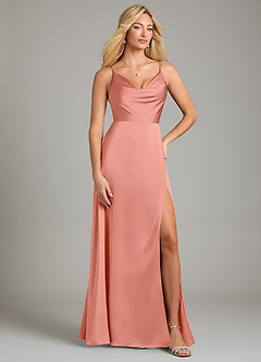 Azazie Sarella Vestidos de damas de honor Vestido de Coral de Satén Elástico de Corte en A con Plisado image1
