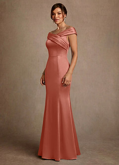 Azazie Aberdeen vestidos de madre de la novia Vestido de Rosa Salmón de Satén Elástico de Corte Recto con Plisado image3