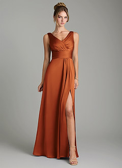 Azazie Karina Bridesmaid Dresses Cinnamon A-Line Pleated Stretch Satin Dress image6