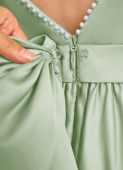 Azazie Dumpling Flower Girl Dresses Dusty Sage A-Line Bow Matte Satin Dress image7