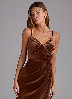 Azazie Maci Bridesmaid Dresses Umber Sheath Pleated Velvet Dress image6