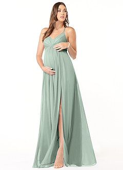 Azazie Annabelle At-home Try On Dresses A-Line V-Neck Pleated Mesh Floor-Length Dress image1
