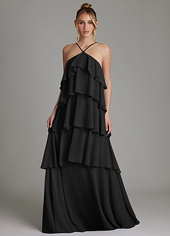 Azazie Deena Bridesmaid Dresses Black A-Line Ruched Chiffon Dress image4