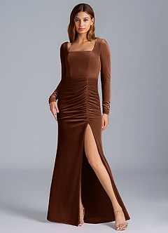 Azazie Addie Jurken voor bruidsmeisjes Jurk van flueel met Kolom Lange mouw Omber image5