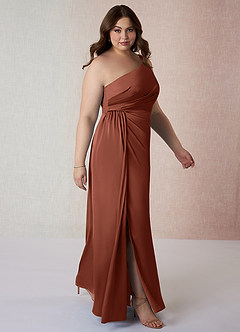 Azazie Mika Bridesmaid Dresses Clay Sheath One Shoulder Stretch Satin Dress image10