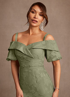 Azazie Golda Mother of the Bride Dresses Pistachio Sheath Off the Shoulder Floral Burnout Dress image4
