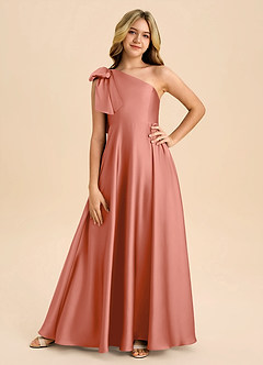 Azazie Penguin Junior Salmon Pink A-Line Bow Stretch Satin Dress image3