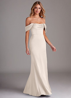 Azazie Saige Bridesmaid Dresses White Alabaster Sheath Off the Shoulder Stretch Satin Dress image6