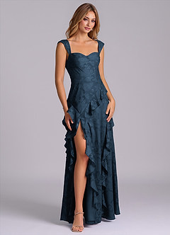 Azazie Sloane At-home Try On Dresses Dark Navy A-Line Sweetheart Neckline Floral Burnout Dress image6