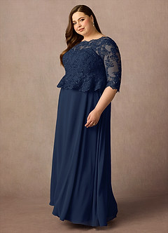Azazie Averie Mère de la mariée Robes Robe Trapèze en Mousseline de soie Col bateau paillettes Bleu Marine Foncé image11